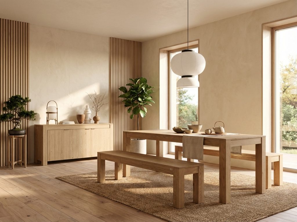 Mesa extensible Rachele 160(225)x90 cm + 2 bancos extensibles Rachele 140(192,5)x45 cm, Madera Natural