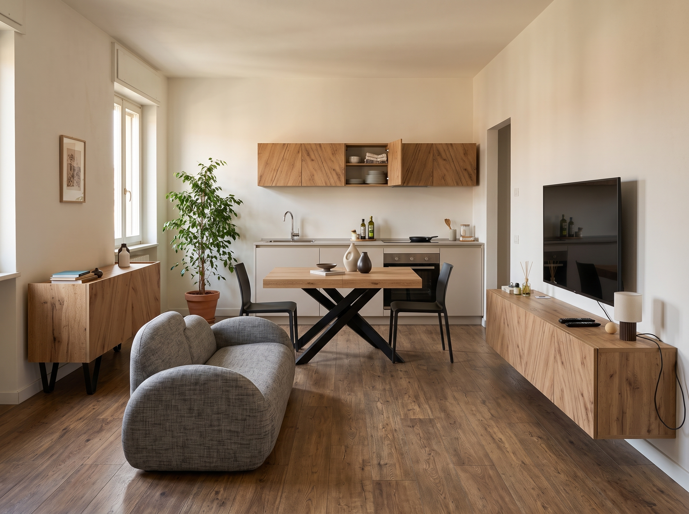 wohnzimmer mit kochnische